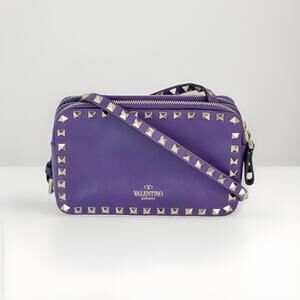 Valentino Rockstud Double Zip Crossbody Camera Bag Purple Leather